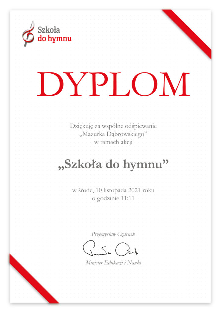 grafika przedstawia dyplom za udział w akcji „Szkoła do hymnu”